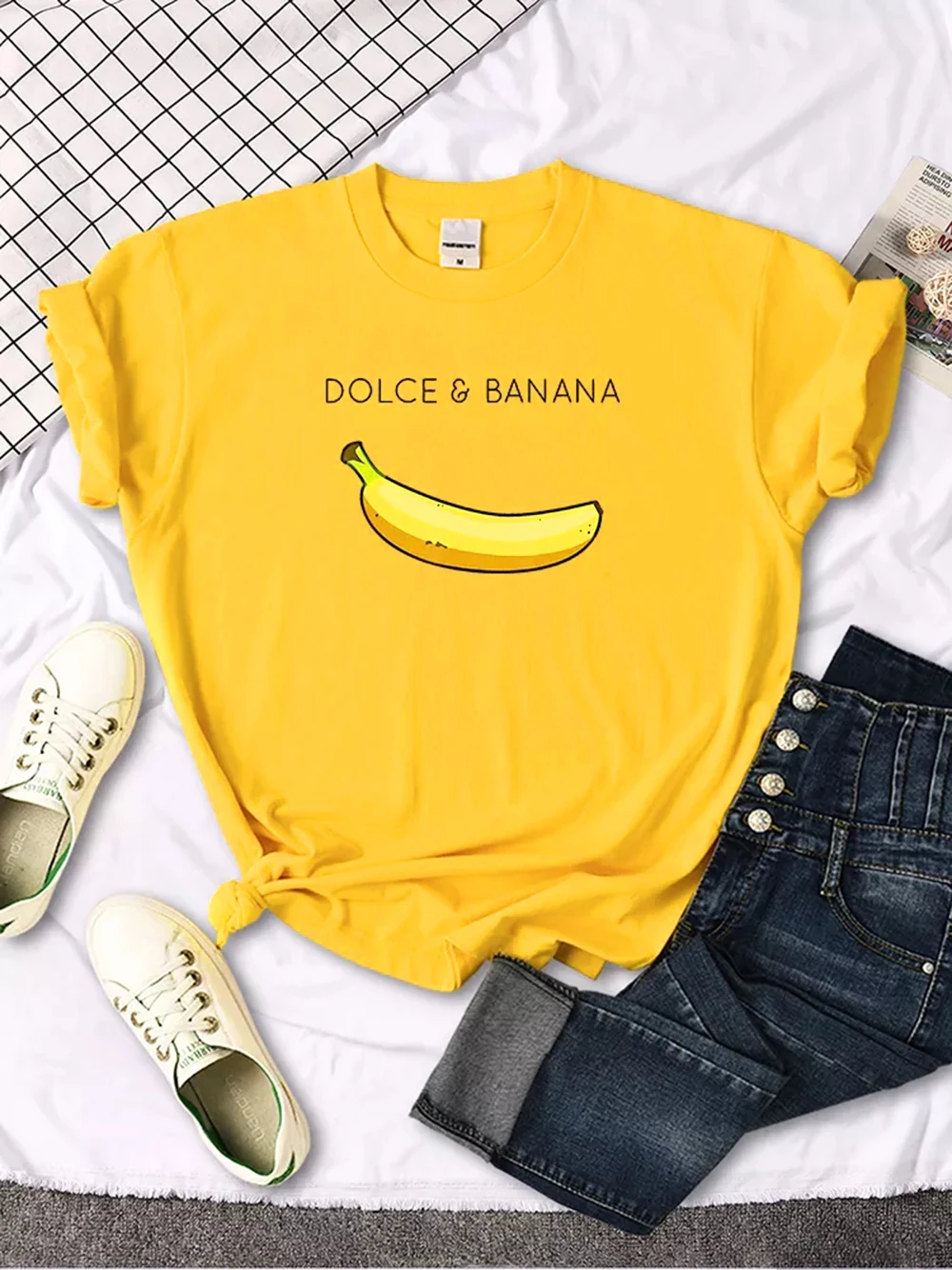 Dolce Banana Fruit Cartoon Print T-Shirt Womens Oversized Kawaii Round Neck Tops Summer Comfortable Breathable Female Slim Tees