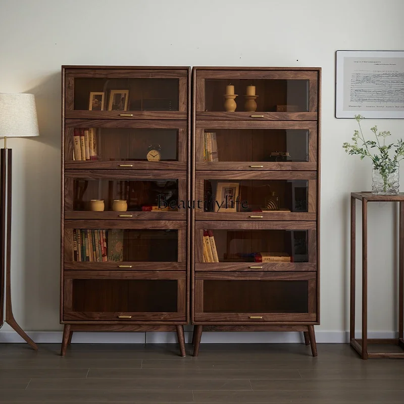 

3North American Black Walnut Solid Wood Bookcase Multifunctional Storage Simple Modern Wine Cabinet with Light