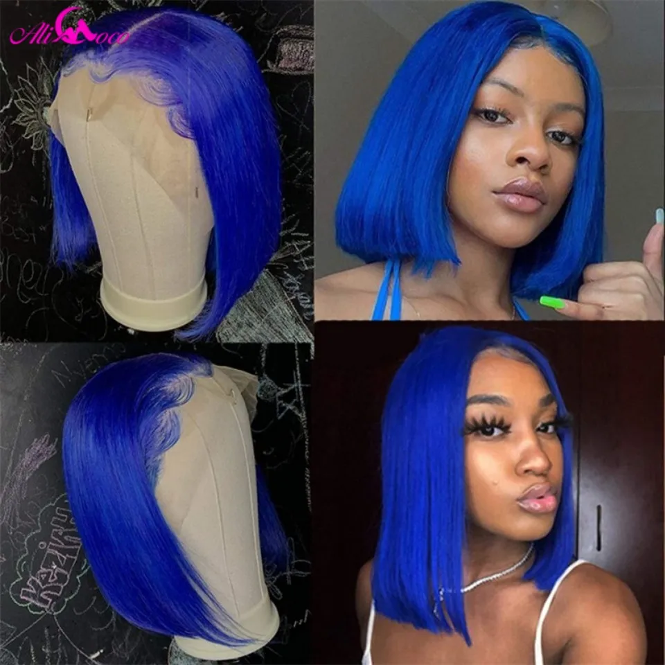 Peluca de cabello humano liso de 13x4 para mujer, postizo de encaje Frontal transparente, corte Bob corto, color azul