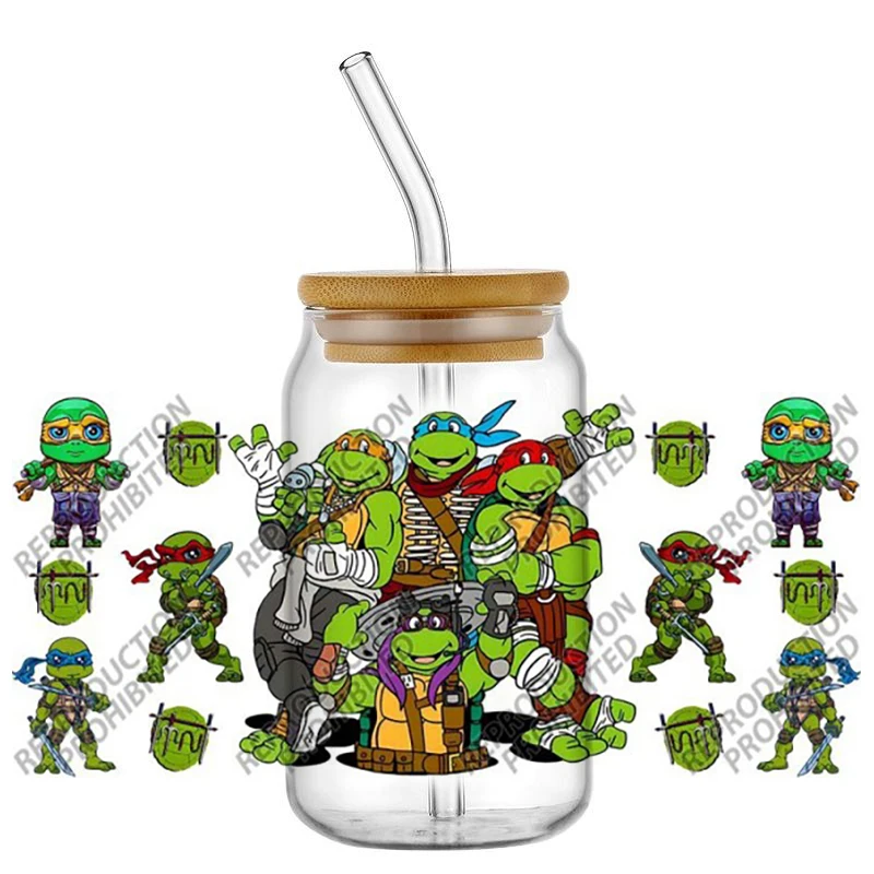 Popular Cartoon Lovely Battle Turtle 16oz UV DTF 3D Transfer Sticker Decals For Glass Can Cup Fashion Craft DIY Creative