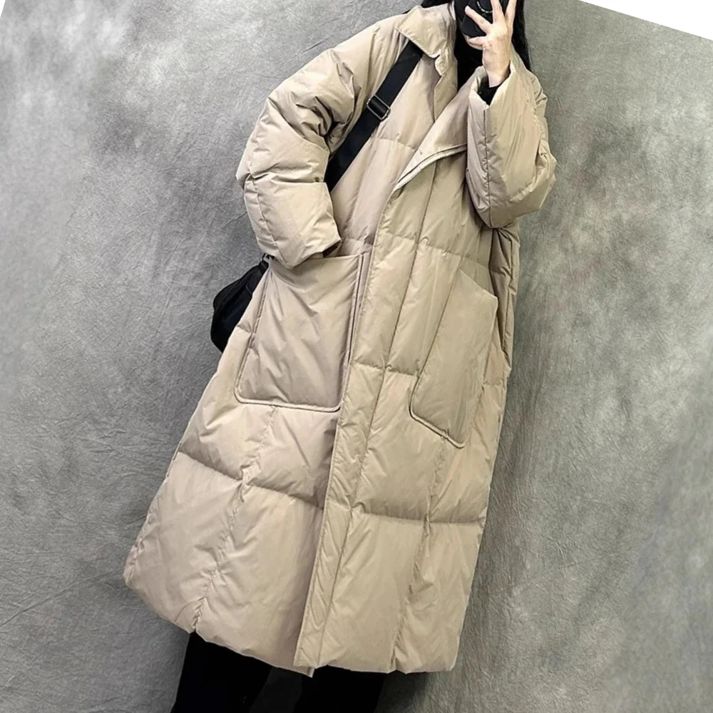 Winter Oversized Warm Down Long Coats Women's White Duck Down Trench Coat Quilted Pockets Thick Loose Down Jacket Outerwear