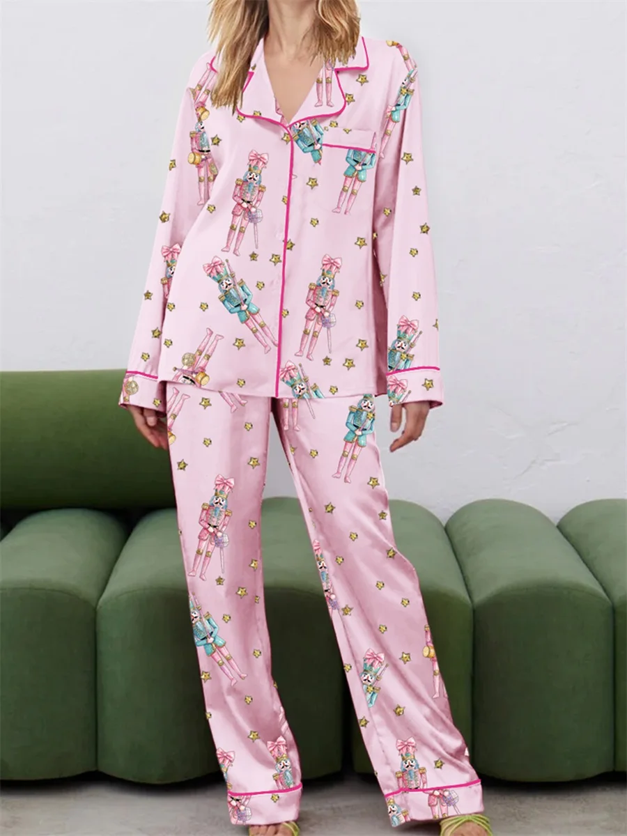 Women Christmas Pajama Set Cute Nutcracker Print Long Sleeve Button Down Shirt Pants Satin Silk PJ Set 2 Piece Jammies