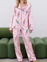 Conjunto de pijama de Navidad para mujer, lindo estampado de Cascanueces, manga larga, camisa con botones, pantalones, conjunto de pijama de seda satinada, jammies de 2 piezas