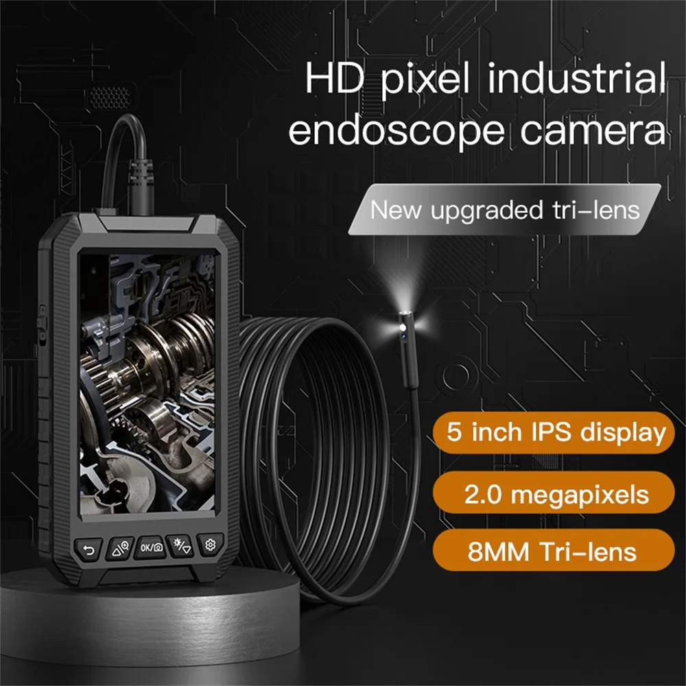 Professional Waterproof Industrial Endoscope Inspection Camera 5.0 Inch HD 1080P Pixel Borescope for Car Pipe with 6 LED Lights