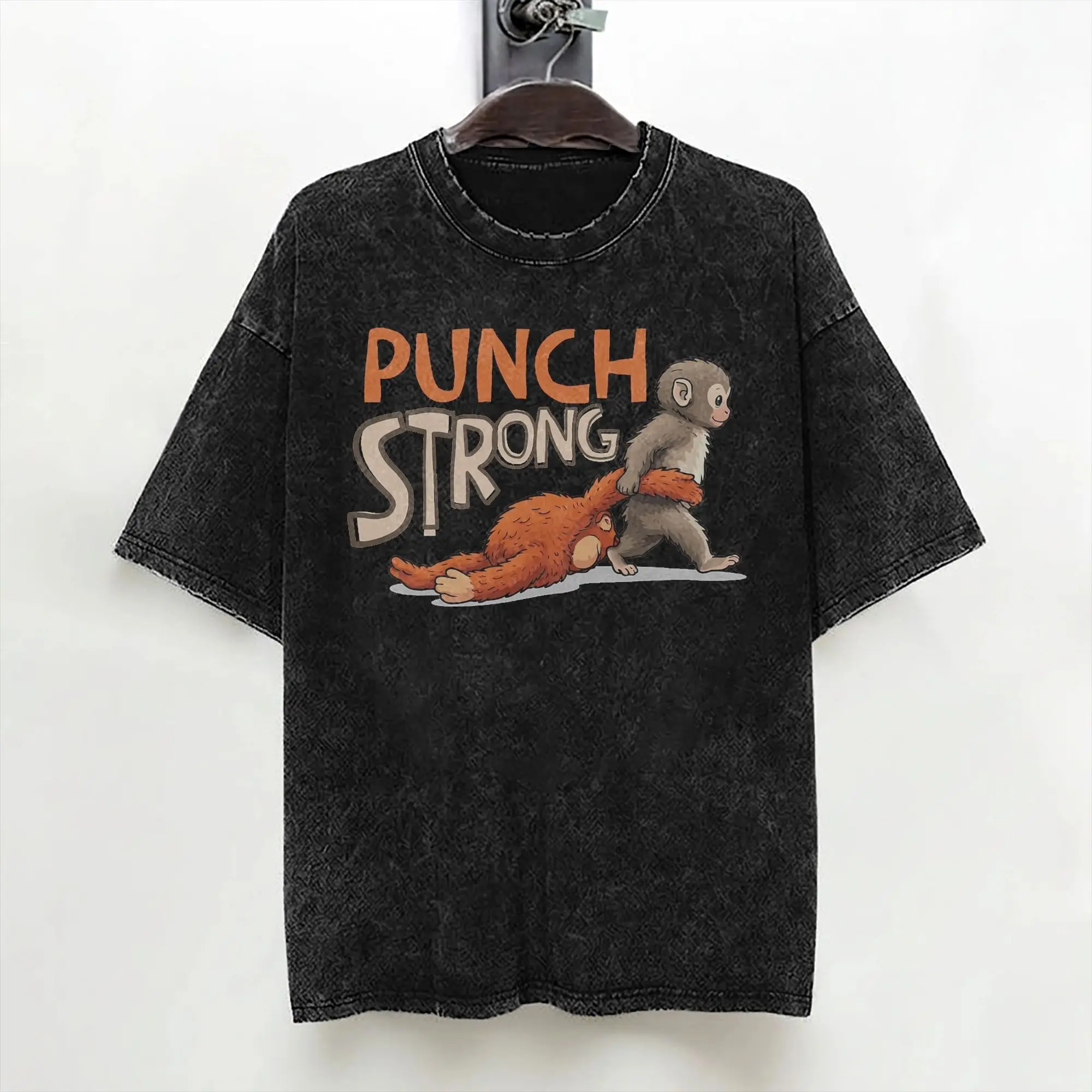 Baby Monkey Punch Strong T Shirts Washed Short Sleeve Street T-Shirt  Retro Men Women Streetwear Summer Tees