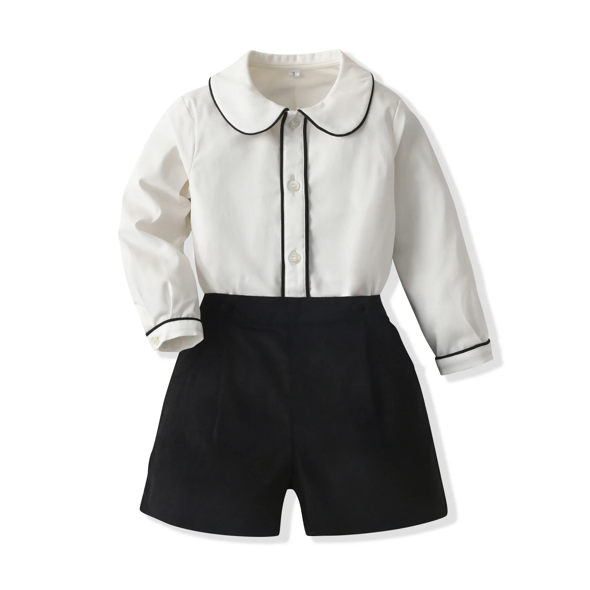 

Summer Autumn Children Boy Peter Pan Collar Two Piece Set Long Sleeves Trim Fashion Casual Shirt Shorts Kids Boys Sets 2Pcs