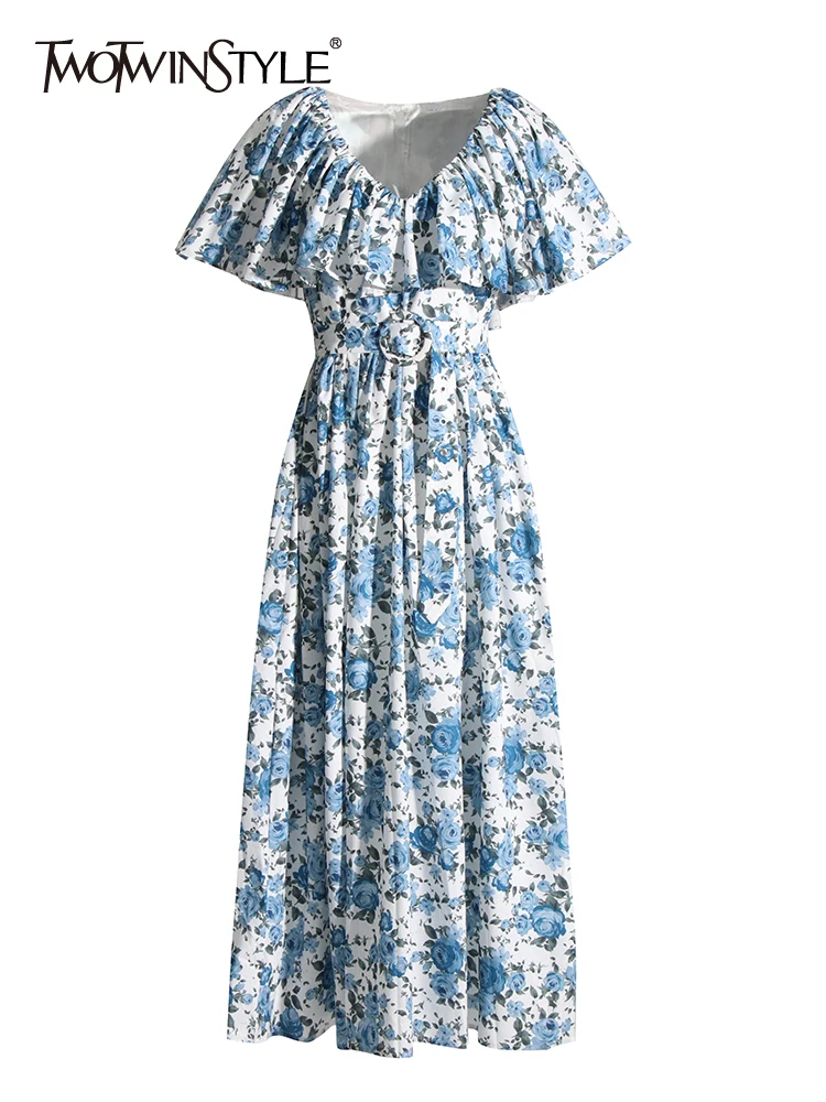 

TWOTWINSTYLE Hit Color Print Dresses For Women V Neck Short Sleeve High Waist A Line Elegant Ruffles Mid Dress Female Summer New