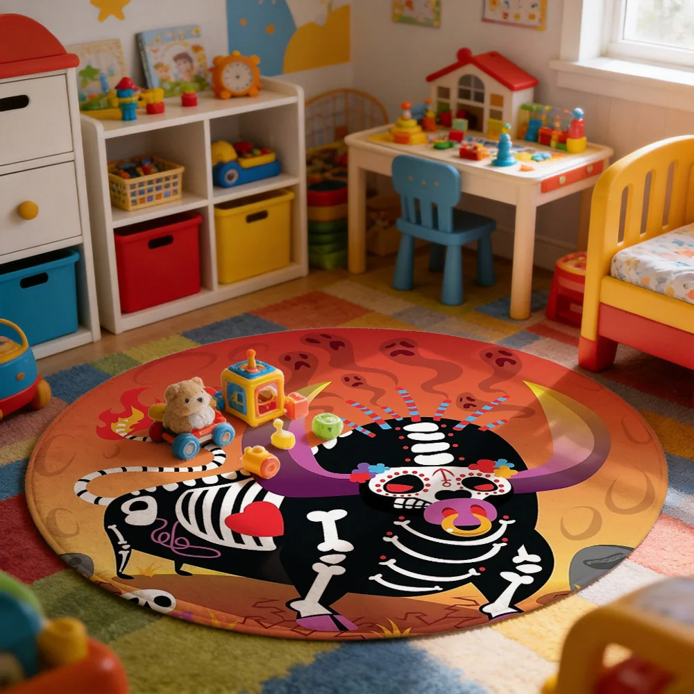 Vibrant Day of the Dead Sugar Skull Skeleton Fiesta Area Rug for Halloween Boho Home Decor