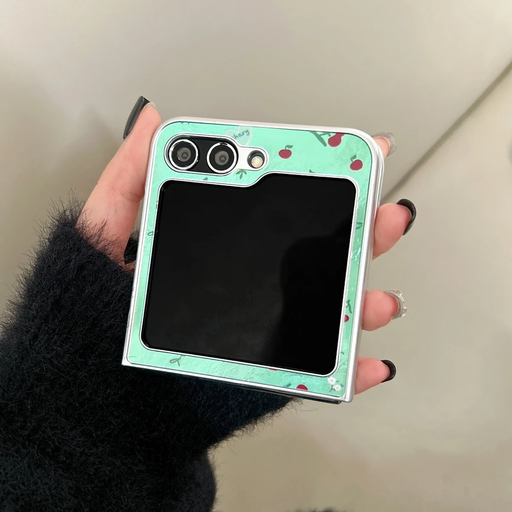 For Samsung Galaxy Z Flip 6 5 4 3 Case with Red Cherry Blossom & Green Grass - Shockproof Luxury Glitter Phone Cover For Girl