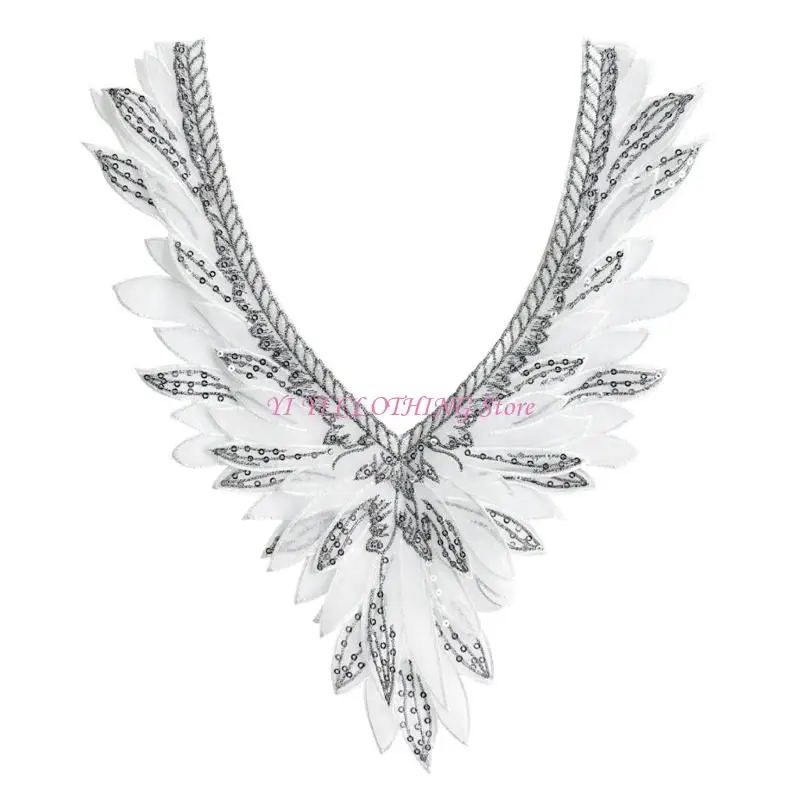 

N5KF Beaded Detachable Collar Double Organza Embroidered Angel Wing Lightweight Comfortable Wear