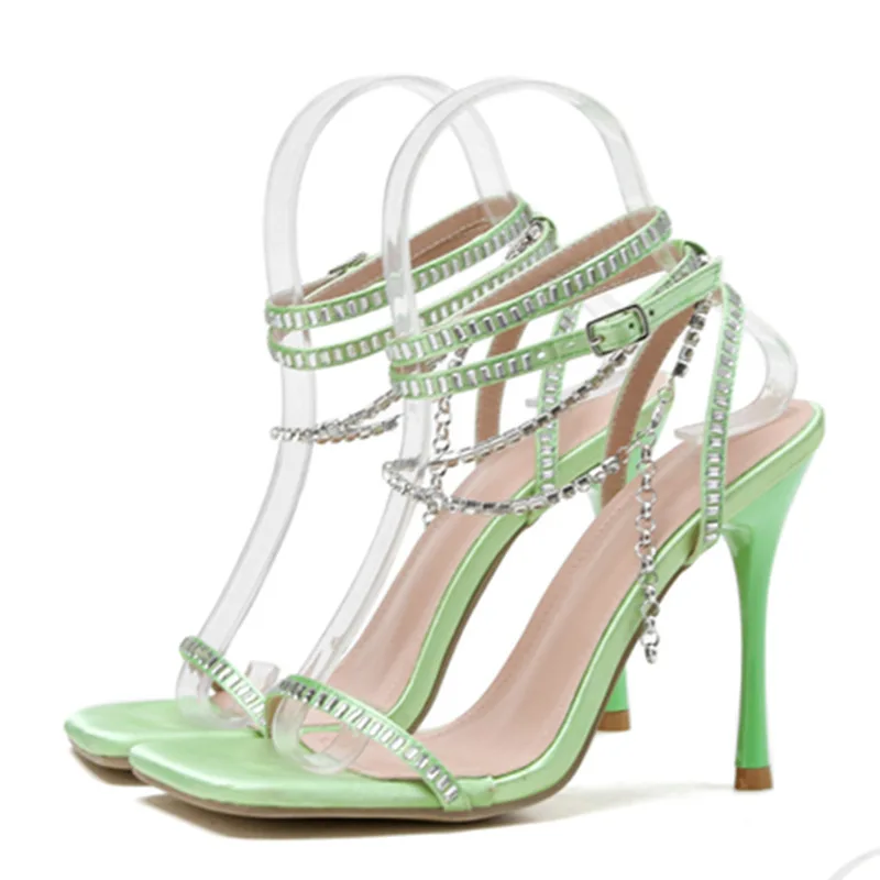 Temperament Green/Pink Stiletto Women Sandals Sexy Peep Toe Square Head Thin Band Strap Ankle Buckle High Heels Party Club Shoe