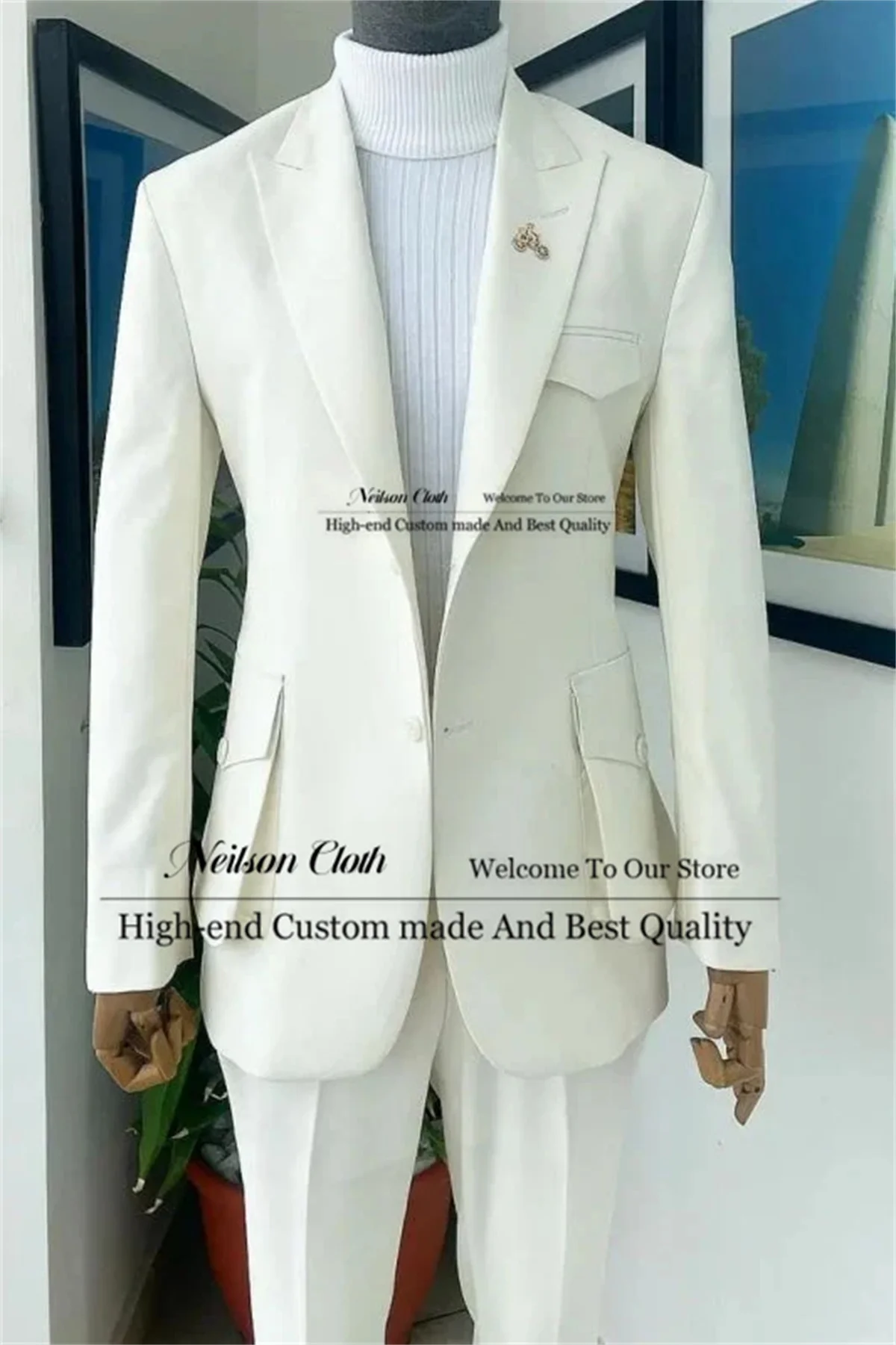 

Formal White Male Prom Blazers 2 Pcs Sets Single Breasted Groom Wedding Tuxedos Peaked Lapel Customized Business Costume Homme