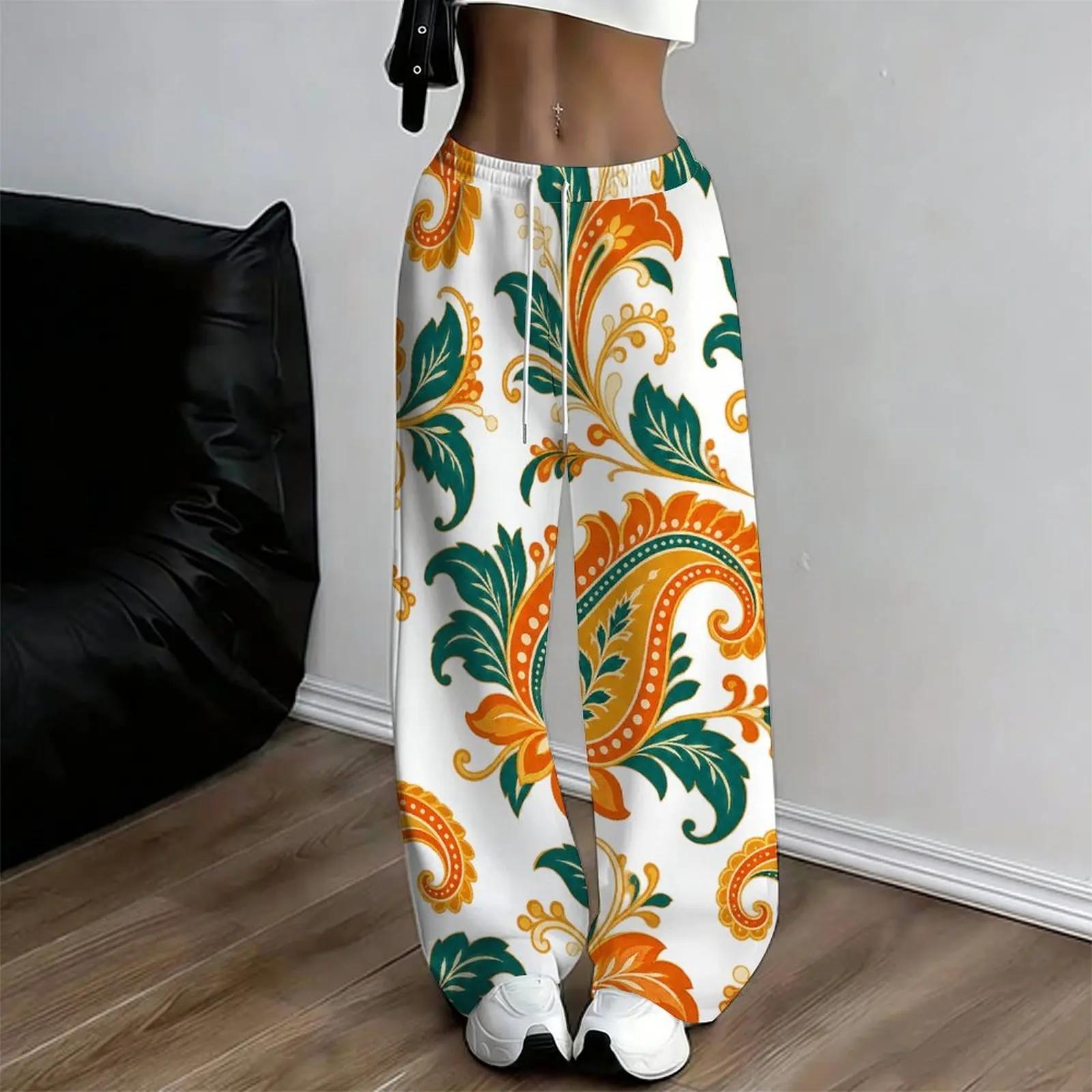 Women White Printed Tribal Feather Beaded Tassel Loose Full Length Straight Leg Drawstring Pants