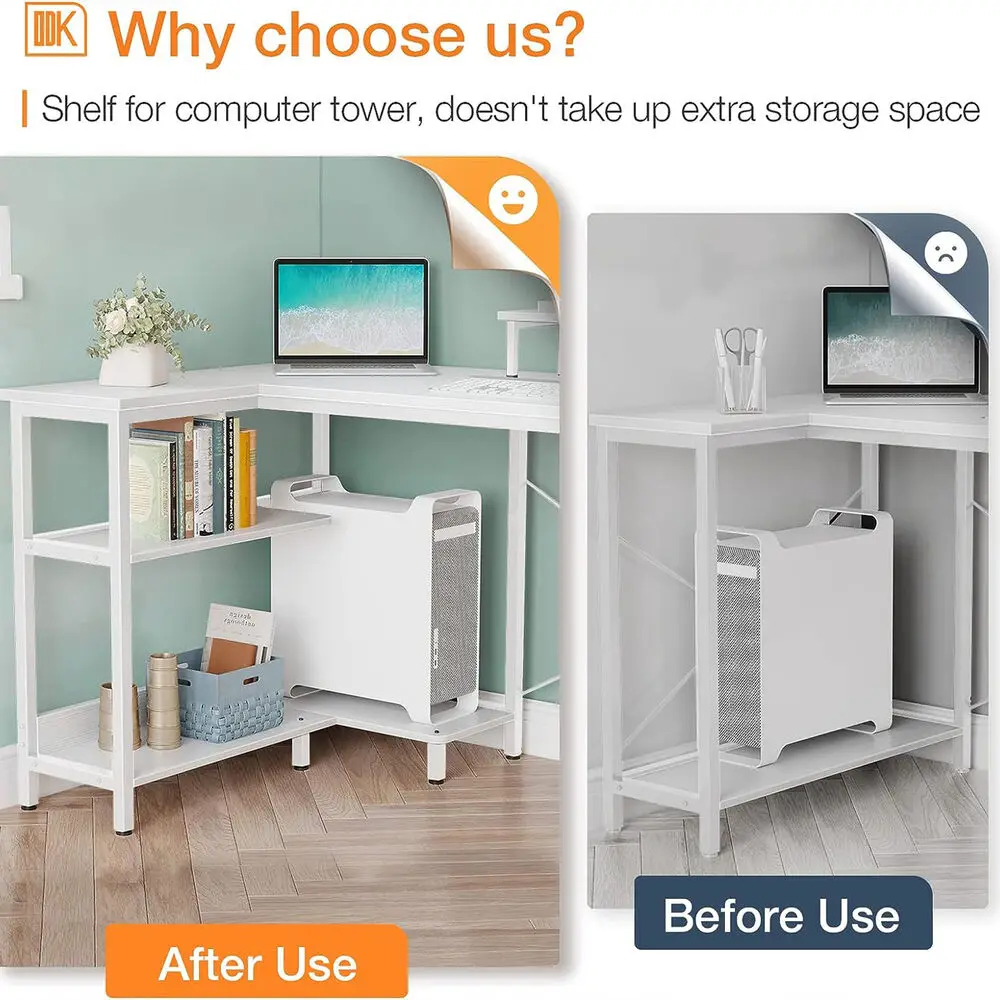 Mesa compacta em forma de L ODK de 47 polegadas com prateleiras de armazenamento e suporte para monitor, branca