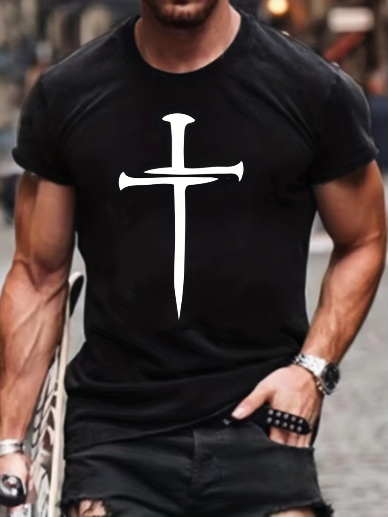 Men's Soft Cotton Pattern T-Shirt with Cross Print-Casual Round Neck Short Sleeve T-Shirt Fit, Housewear and Casual Black Design for All Seasons, Christmas, Easter, Halloween, Thanksgiving and More