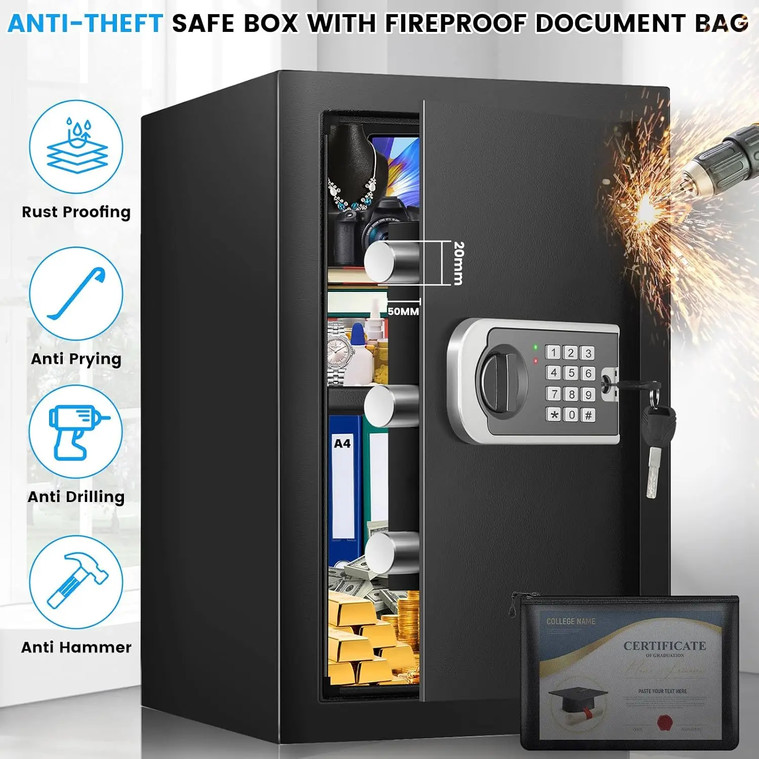 Home Safe Fireproof Bag Digital Safe Programmable Keypad Spare Keys Security Safe For Money Documents Jewelry Valuables