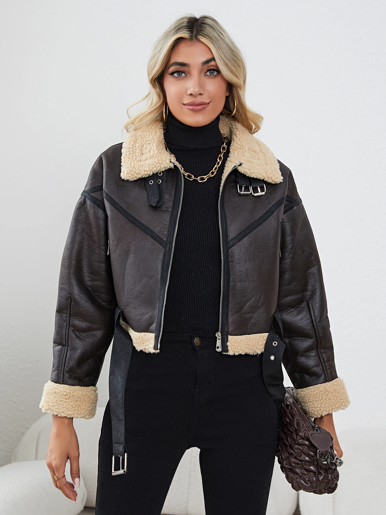Women's Faux Leather Sherpa Motor Jacket Bomber Aviator Cropped Coat