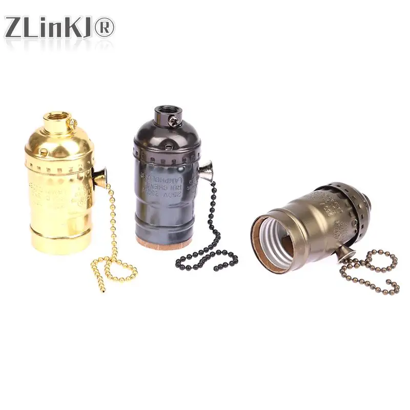 Vintage E26 E27 Aluminum Alloy Antique Lamp Base Holder Screw Aluminum Shell Bulb  Light Screw Socket 4 Colors With Chain Switch