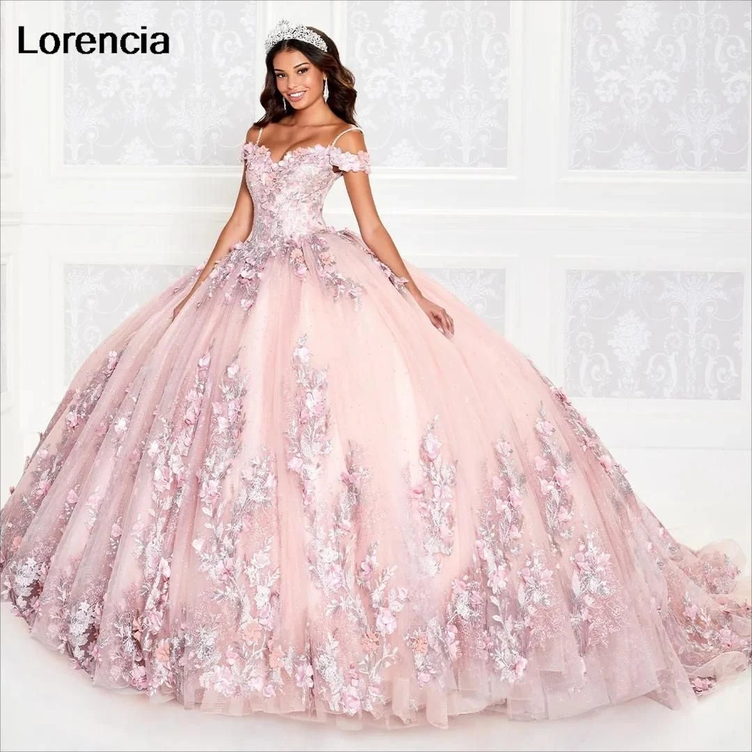 Lorencia Glitter Royal Blue Pink Quinceanera Dress 3D Flower Lace Applique Beading With Cape Sweet 16 Vestidos De 15 Años YQD663