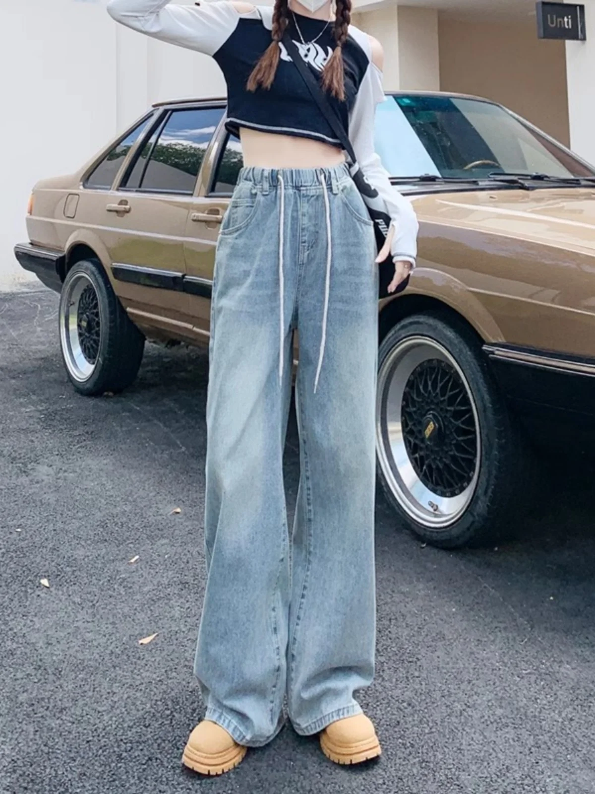 Retro Elastic Waist Drawstring Jeans Women's Spring Autumn High Waist Slimming Student Straight Leg Wide Leg Floor-Length Pants