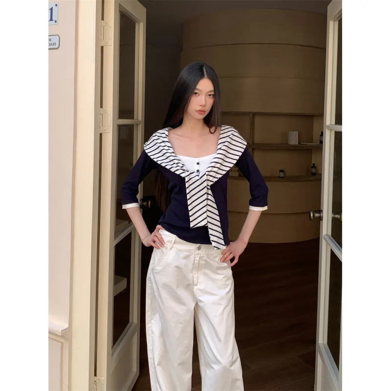 

Женский искусственный комплект из двух предметов, полосатый темно-синий воротник с перекрестной передней частью, синий пуловер, вязаные нишевые рубашки в консервативном стиле, блузки, осенняя новая женская одежда