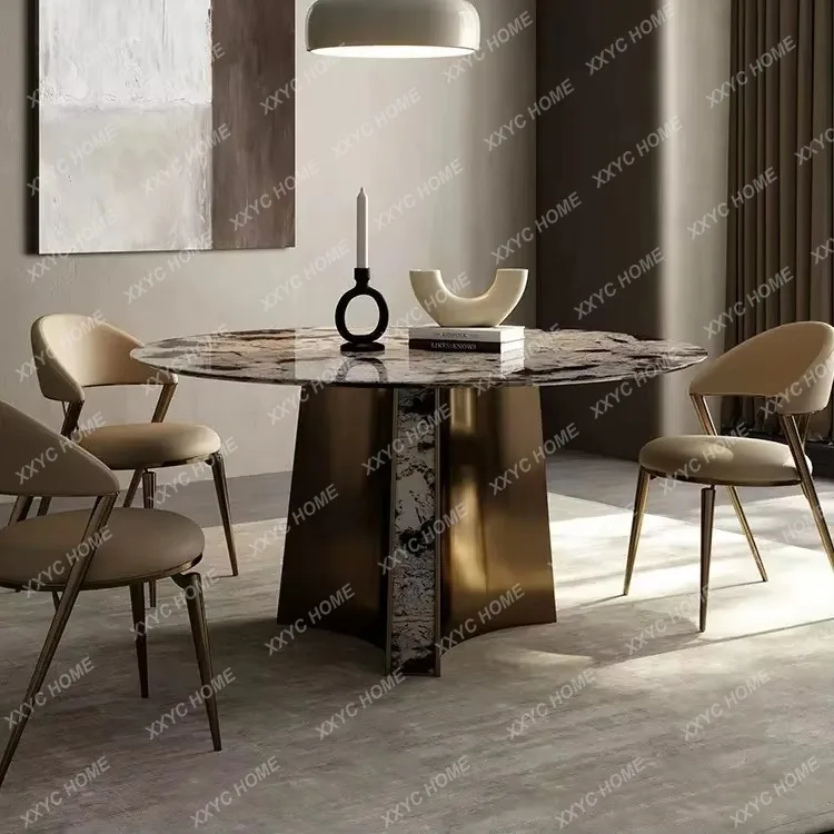 

Обеденный стол из мрамора HTianshan Twilight Snow, для гостиной виллы, круглый обеденный стол в стиле легкой роскоши