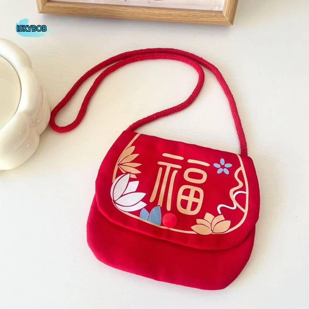 

Letter Print New Year Shoulder Bag Lotus Portable Chinese Style Candy Bag Traditional Messenger Bag Lucky Money Pocket Kids