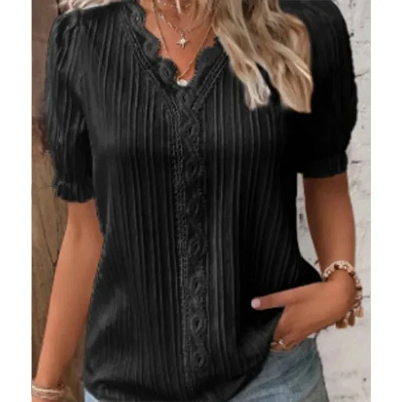 2025 New Summer Women's Top Solid Sexy V-Neck Hollow Short Sleeve Shirt Fashion Splice Plus Size Blouse Loose Street Apparel