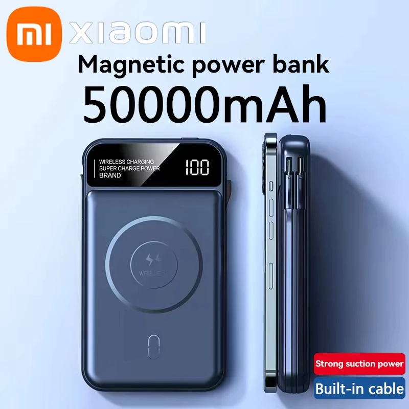 Xiaomi Power Bank 50000mah Wireless Charging Magsafe Power Bank Magnetic Charging Built-in Wire Mobile Phone Battery For Iphone