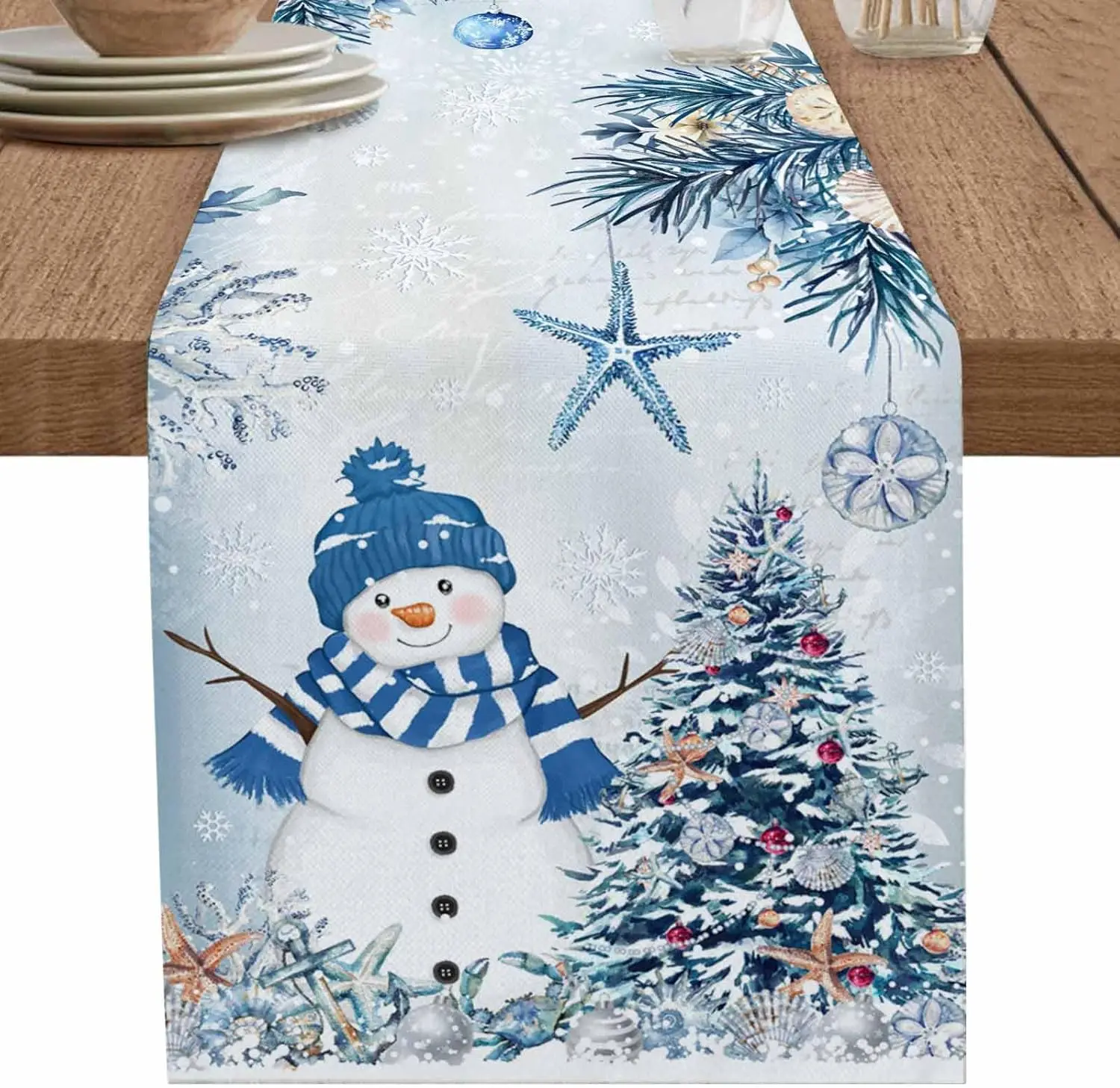 Merry Christmas Blue Snowman Snowflake Linen Table Runner Home Decor Winter Xmas Tree Kitchen Table Runners Christmas Decoration