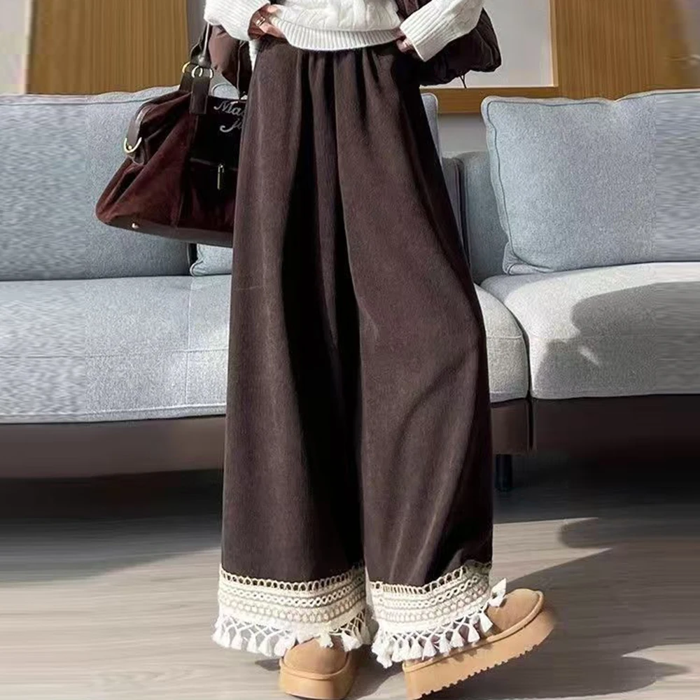 Fleece and thickened corduroy wide-leg pants women's winter new high-waisted thin loose-fitting fringed casual nine-point pants