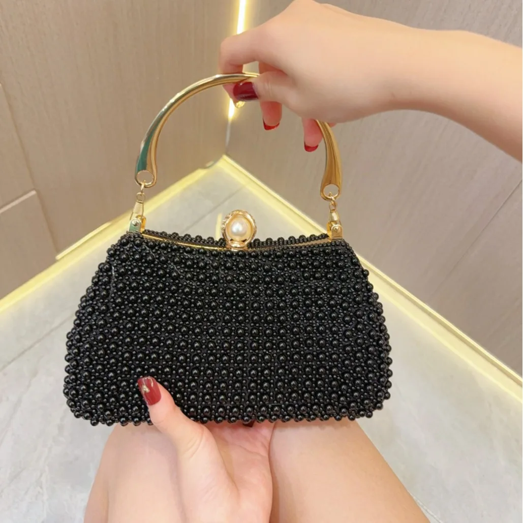 

Black Pearl Decorated Women's Small Handbag Evening Clutch Purse Banquet Party Dress Shoulder Crossbody Bag Fashion Design