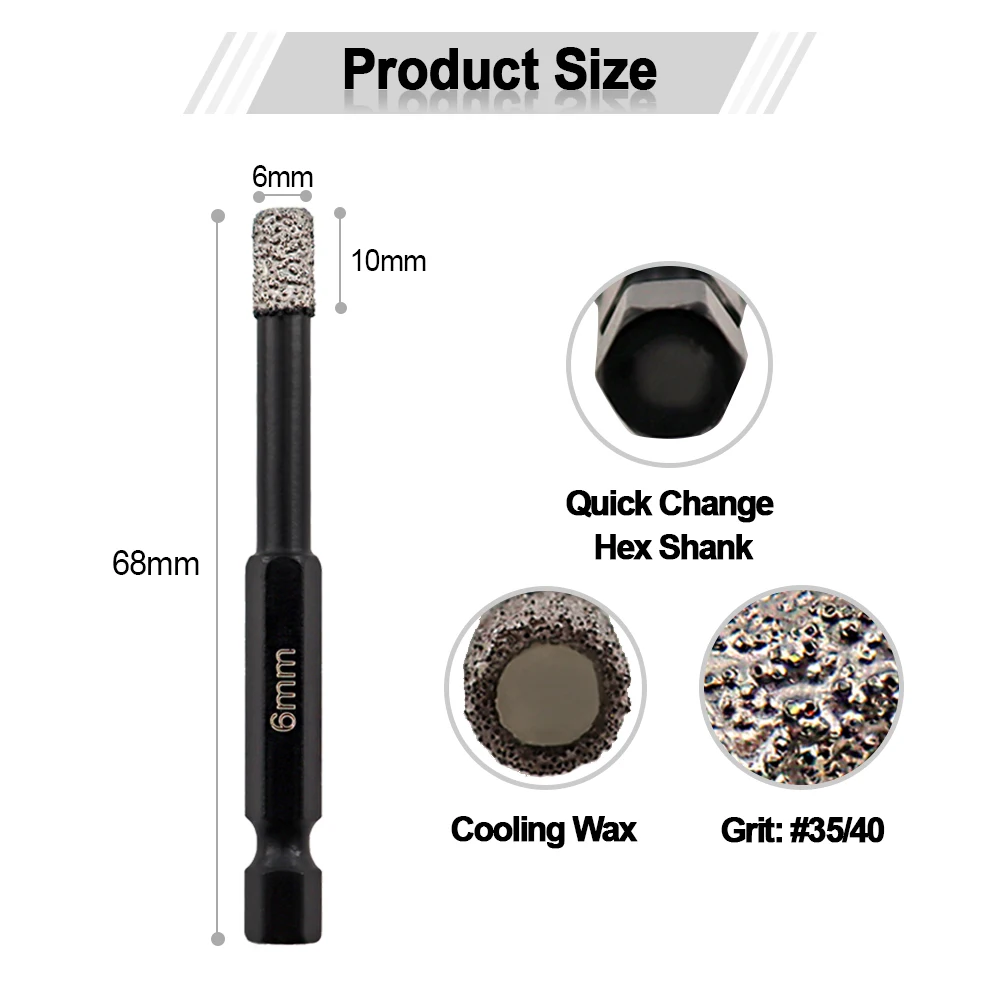 SHDIATOOL 2pcs Dia 6mm Vaccum Brazed Diamond Drilling Bits for Stone Porcelain Tile Masonry Quick-fit Shank Core Cutter Hole Saw