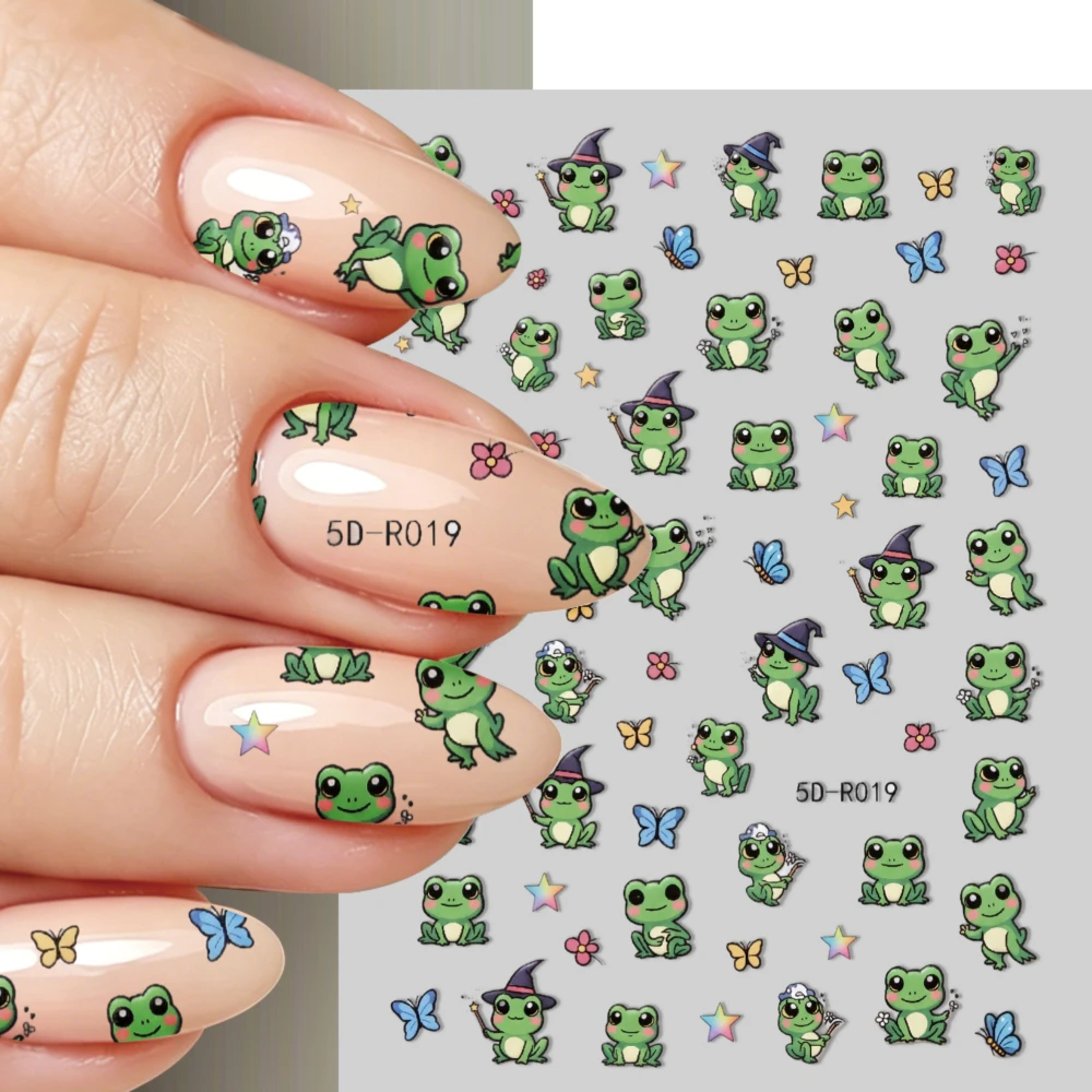 2pcs Cartoon Green Frog Flower Nail Art Stickers Cute Round-eyed Frog Lotus Leaf Nail Decals Blushing Frog Summer Child Stickers view 5