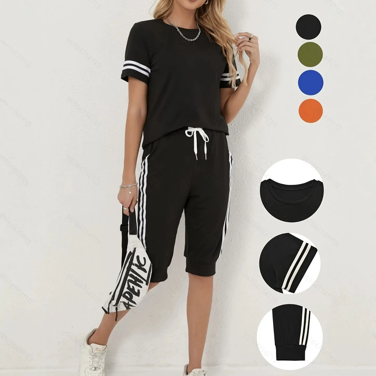 

Summer Shorts Black Drawstring Waist Solid Color Short Pants Olive Green Side Stripes Orange Cropped Oversized
