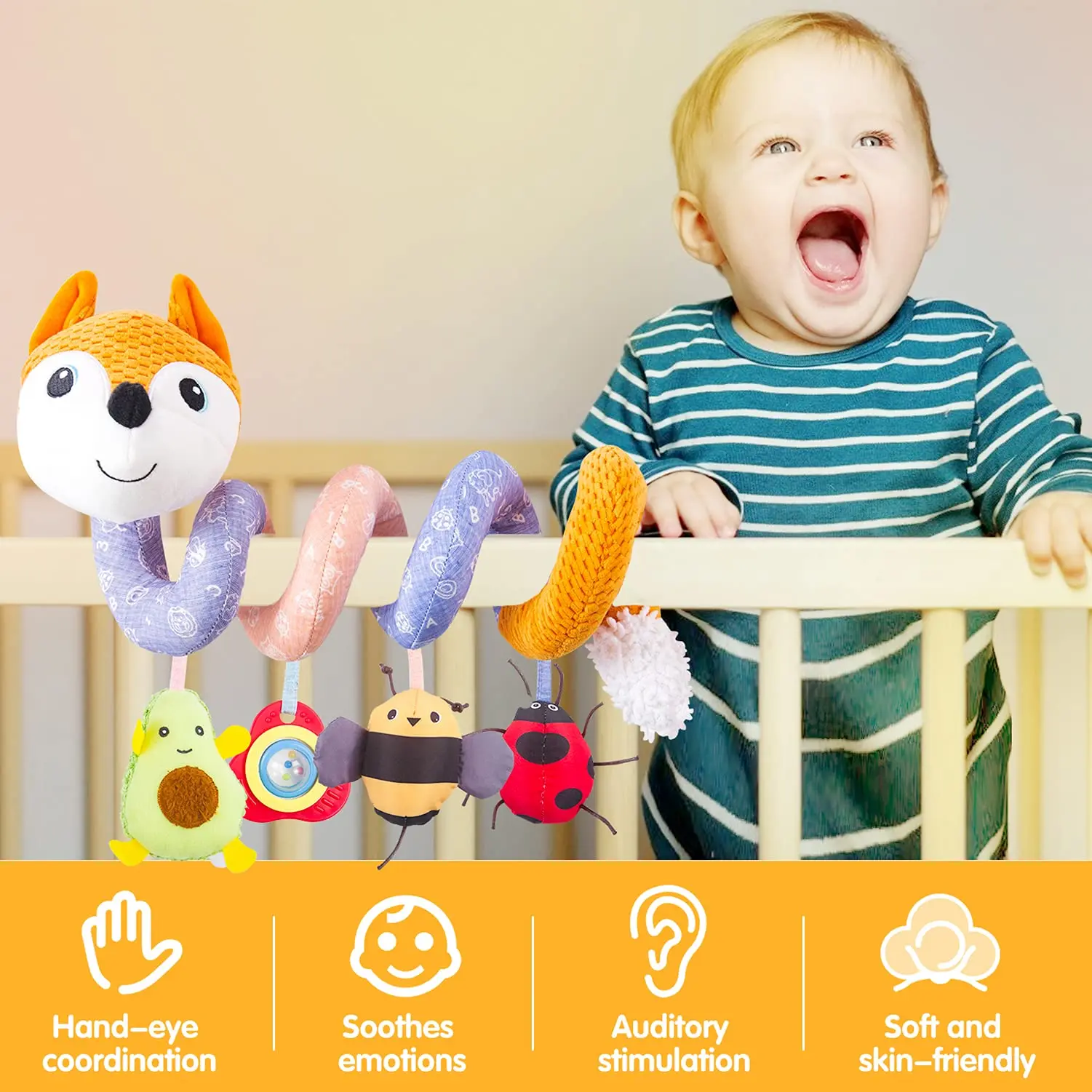 Infant Baby Orange Fox Spiral Plush Activity Hanging Toys Car Seat Stroller Crib Bassinet Mobile Music BB Squeaker and Rattles