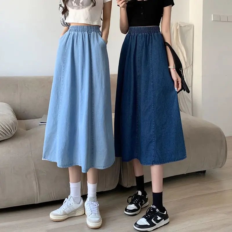 

Female Autumn High Waist Pleating Skirt Women's Denim A-Line Long Skirts with New Casual Jeans Half Cowboy Umbrella Skirts Q473