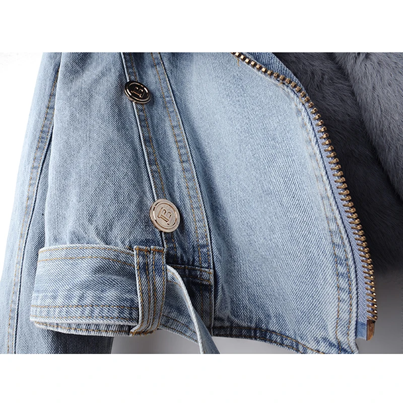 Real Fox Fur Collar Rabbit Fur Liner Denim Jacket Women Cowboy Outerwear Winter Thick Loose Short Hem Belt Jeans Jackets Female