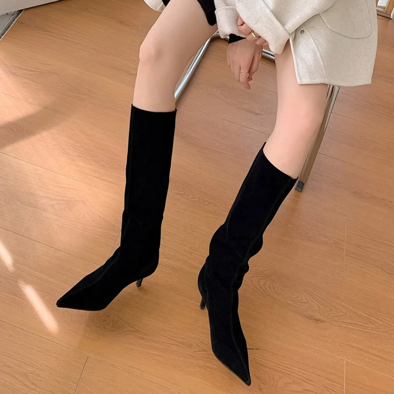 Taoffen Genuine Leather Long Boots For Women Thin High Heel Winter Shoes Solid Color Fashion Casual Women Footwear Size 33-40