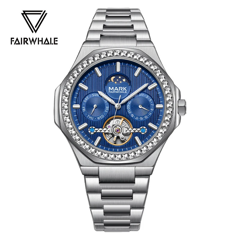 

Mark Fairwhale Luxury Automatic Tourbillon Watch Men Luminous Waterproof Week Date Mechanical Watch Stainless Steel Mens Watch