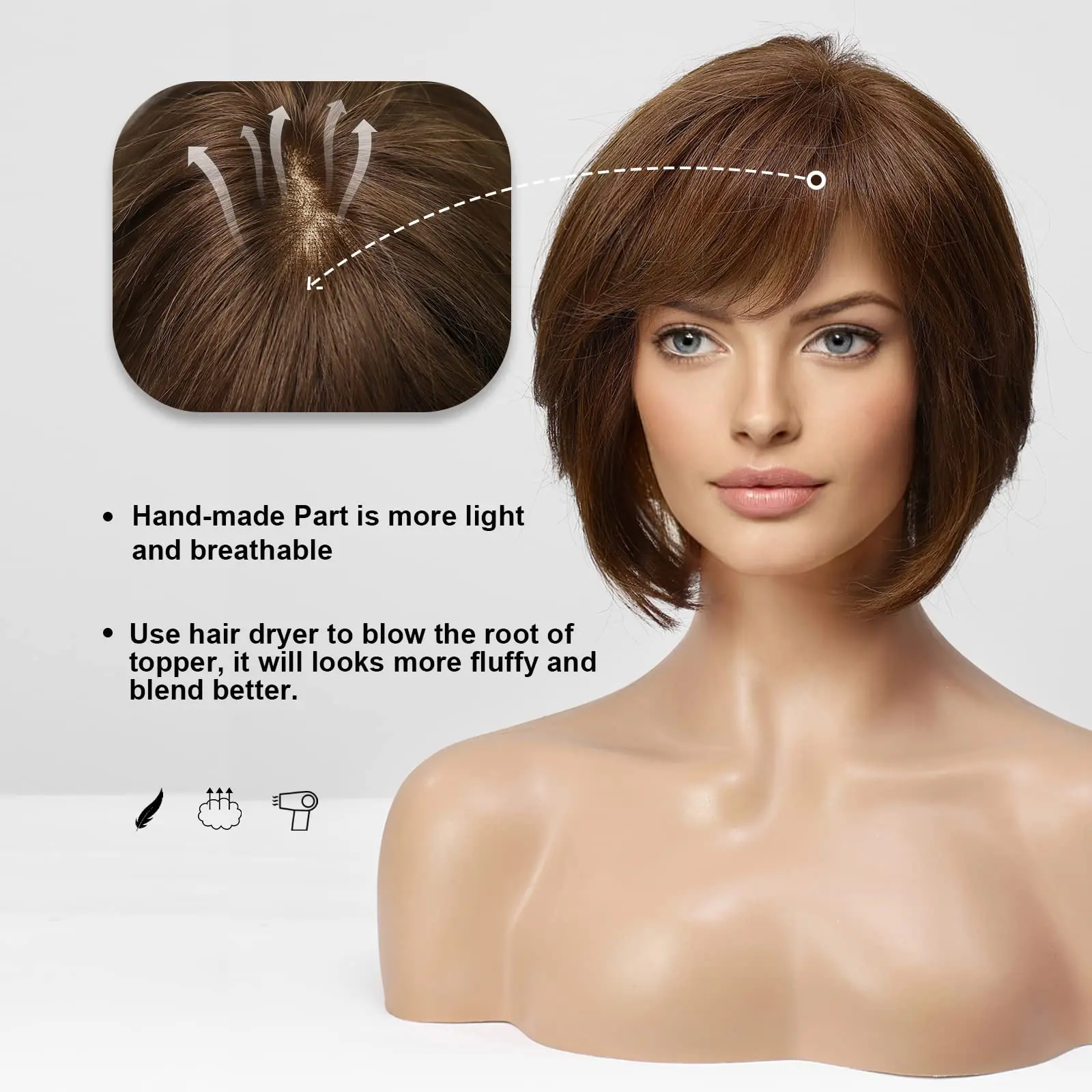 Short Straight Brown Lace Front Human Hair Wigs with Bangs for White Women Bob Natural Wavy Layered Wigs 100% Remy Human Hairs