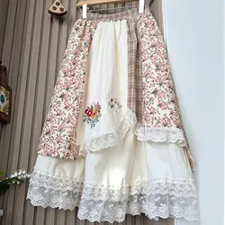 Vintage Embroidery Cotton Skirt Japanese Mori Girl Patchwork Lace Up Elastic Waist A- Line Pleated Skirt Jupe Femme Faldas
