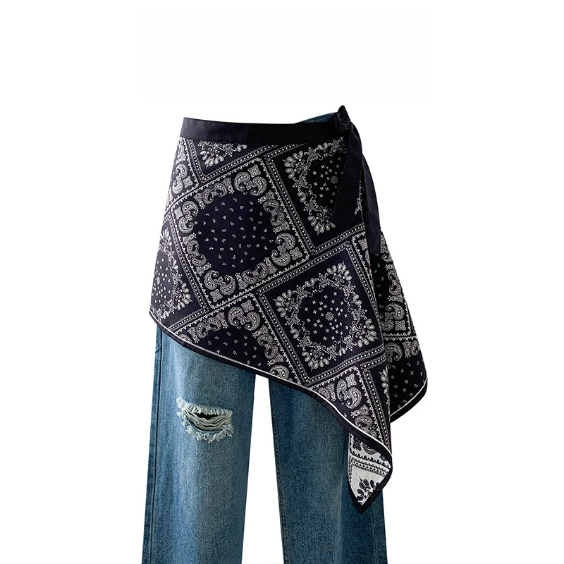 Irregular Paisley Tie Back Skirt with Waist Scarf for Women, Unique Design, Fashionable and Versatile Layered Half Skirt