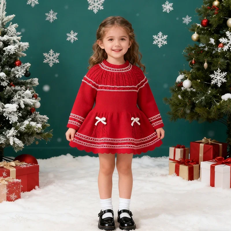 2025 Christmas New Year 0-4Yrs Children Knitting Clothes Baby Girl Party Dress Kids Princess Dresses  Sister Clothing