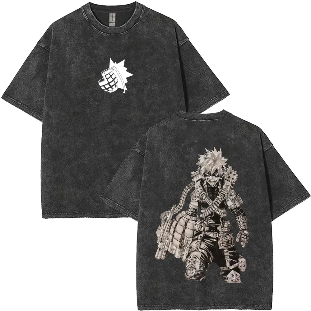 

Anime My Hero Academia Vintage Washed T-shirt Cartoon Bakugou Katsuki Graphic T Shirts Men Women Manga Casual Oversized T-shirts