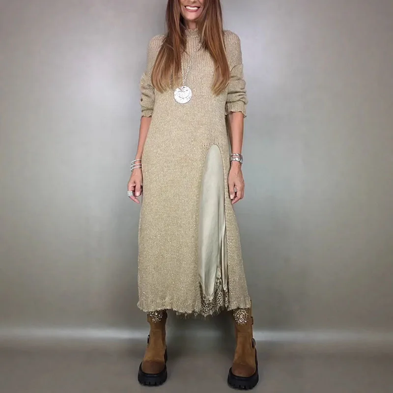 Nouveau automne hiver 2 pièces ensemble femmes décontracté solide fendu tricoté pull longue robe costume Sexy col en V Patchwork dentelle tenues décontractées