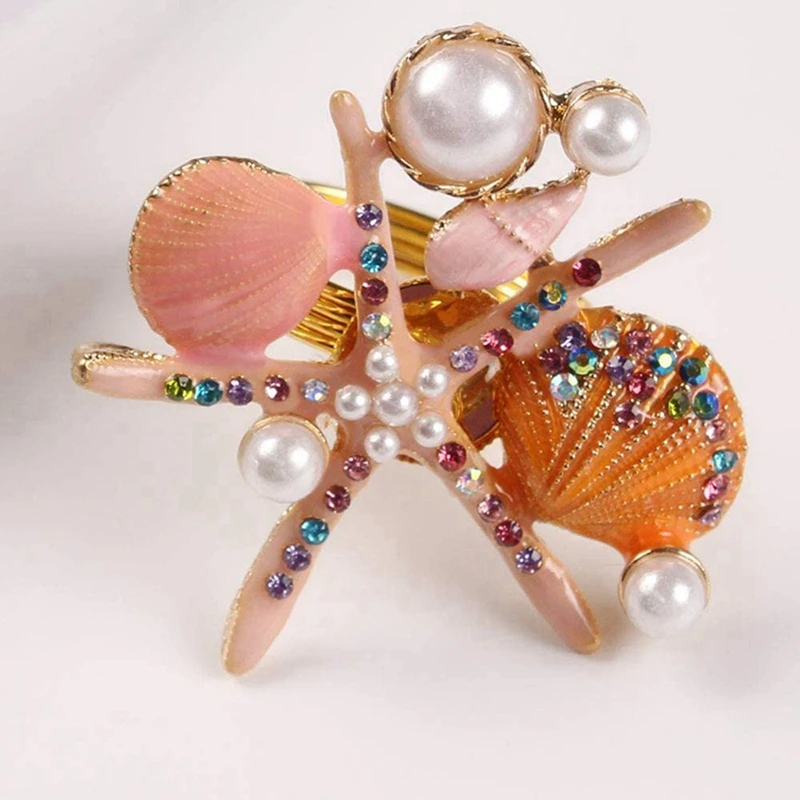 12 Pcs Starfish Napkin Rings,Pearl Rhinestone Ocean Coastal Nautical Napkin Ring Holders Napkin Buckle For Party,Pink