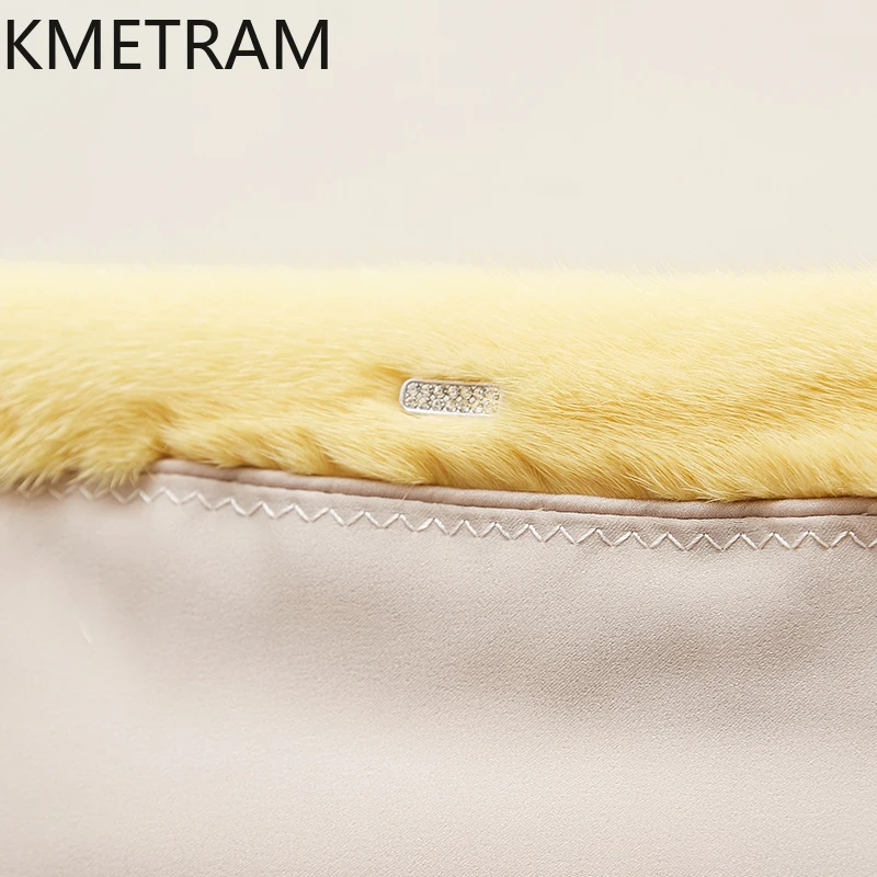 معطف فرو المنك الطبيعي امرأة فاخرة الأصفر الخامس الرقبة الفراء الحقيقي سترة عالية الجودة الشتاء النساء الملابس فروي جاكيتات 2025 Fourrure