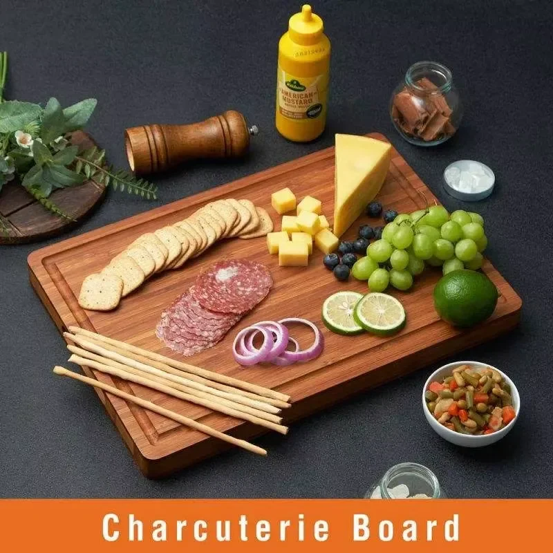 1 Inch Thick Bamboo Cutting Board with Side Handles and Juice Trough for Meat Cheese Deli Kitchen