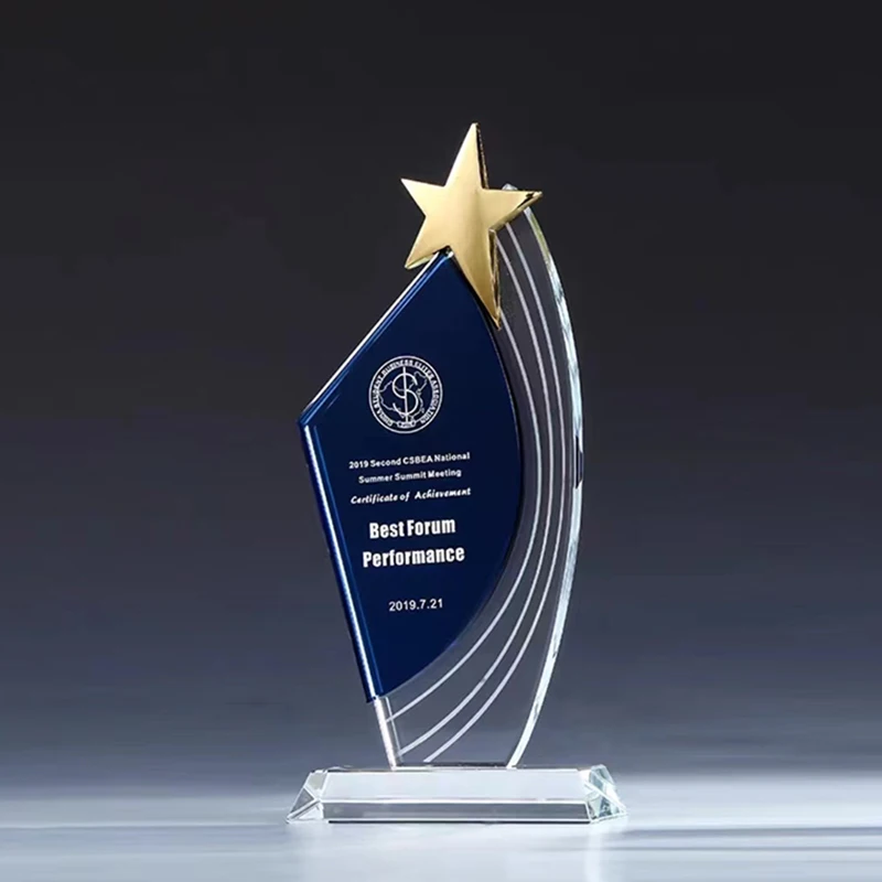 Popular Blue Crystal Trophy Customization Engrave LOGO Text Company Event Prizes Souvenirs Honor Medal Awards Home Decor